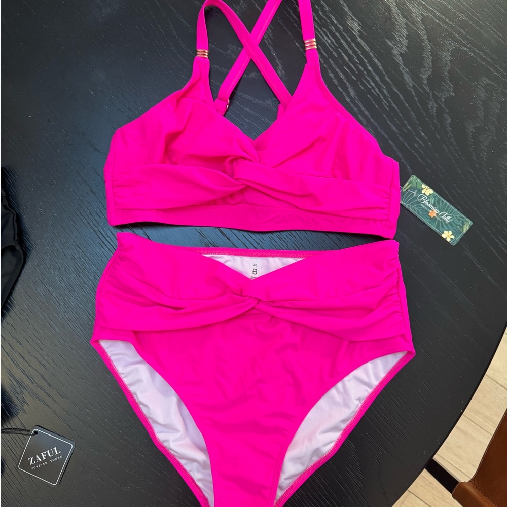 Hot Pink Twist Front High-Waist Bikini Set